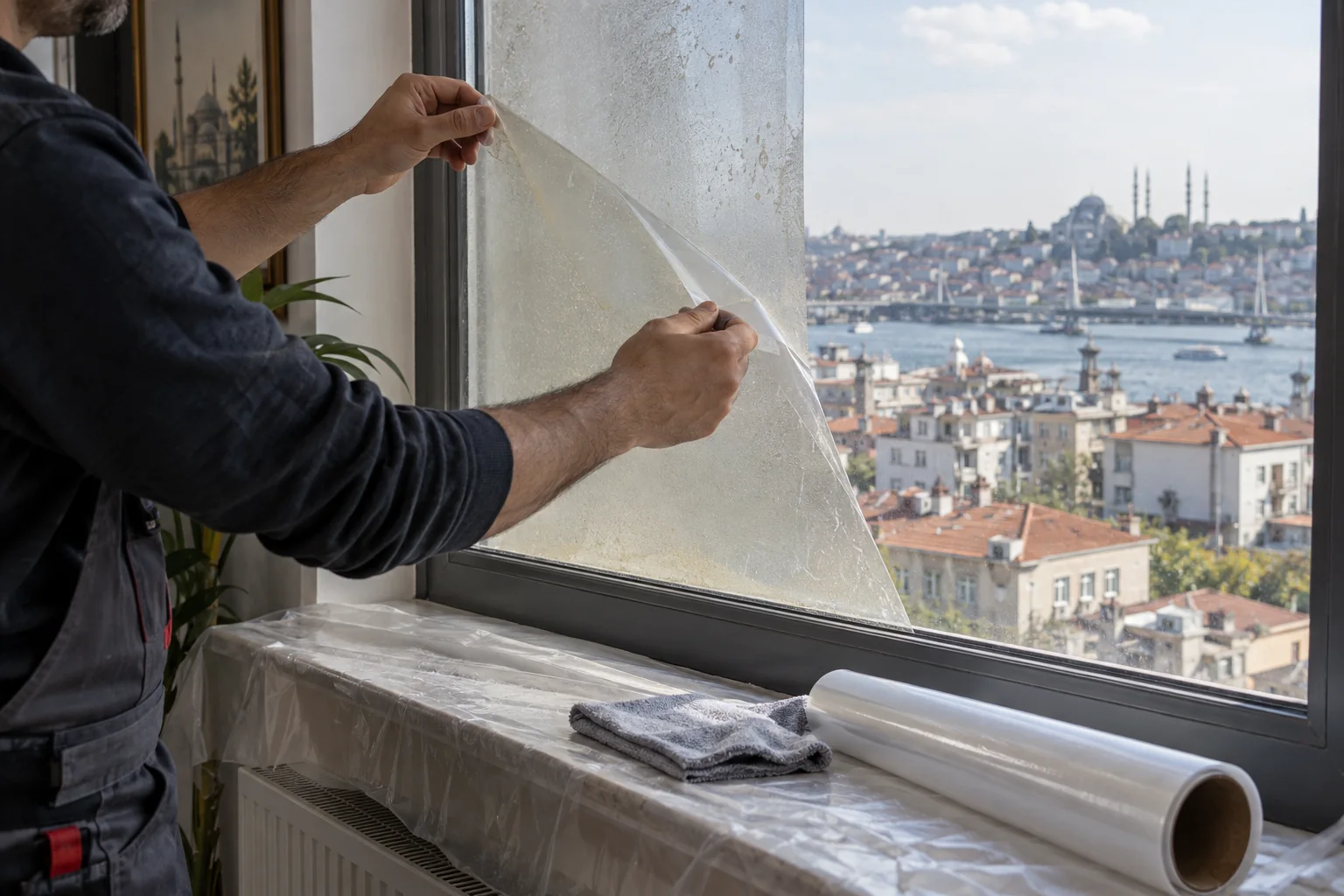 Pencere üzerindeki eski filmi kontrollü biçimde kaldıran uygulayıcı ve yeni film rulosu.