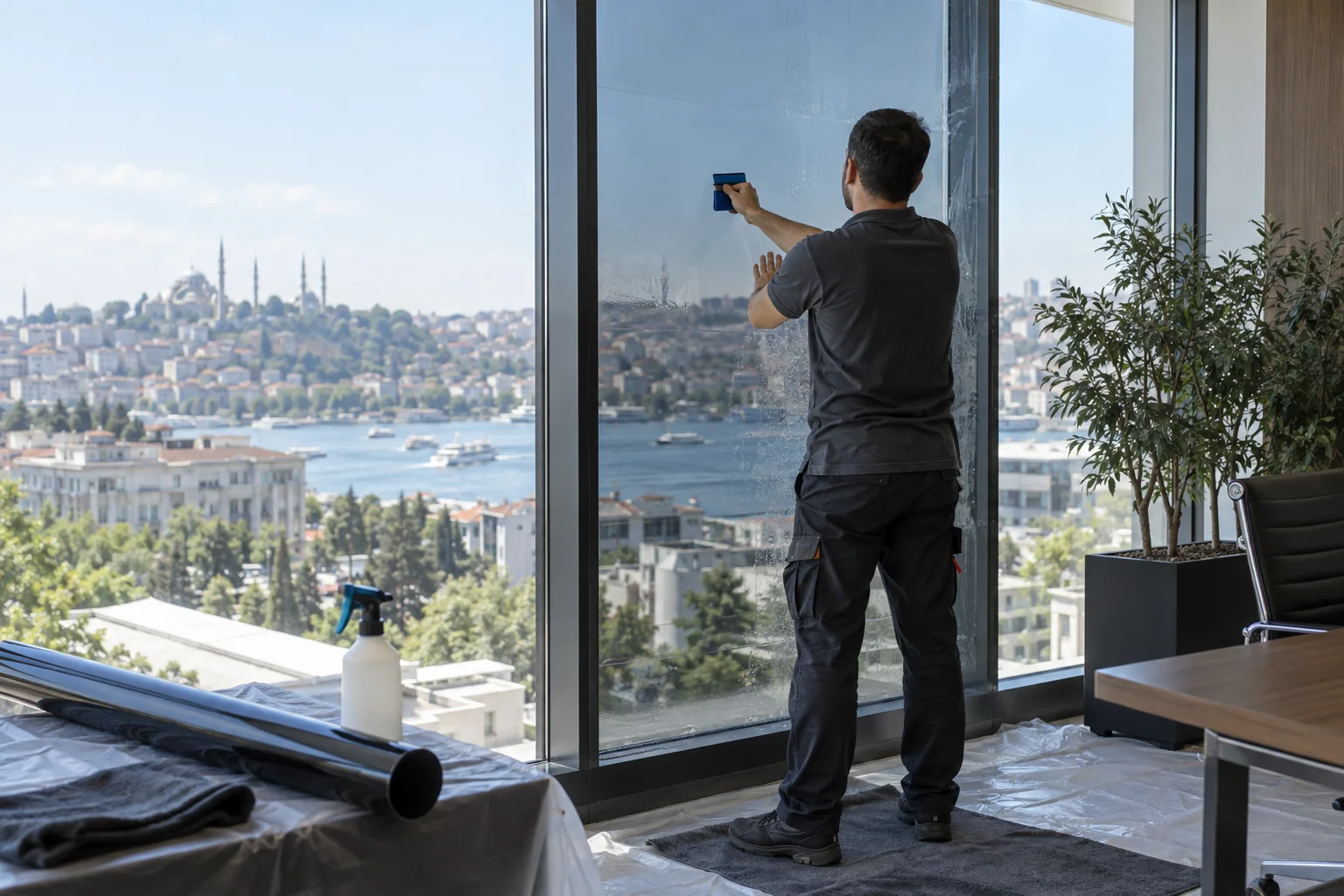 Ofis penceresine küçük kauçuk çekçekle film uygulayan usta ve korunan çalışma alanı.