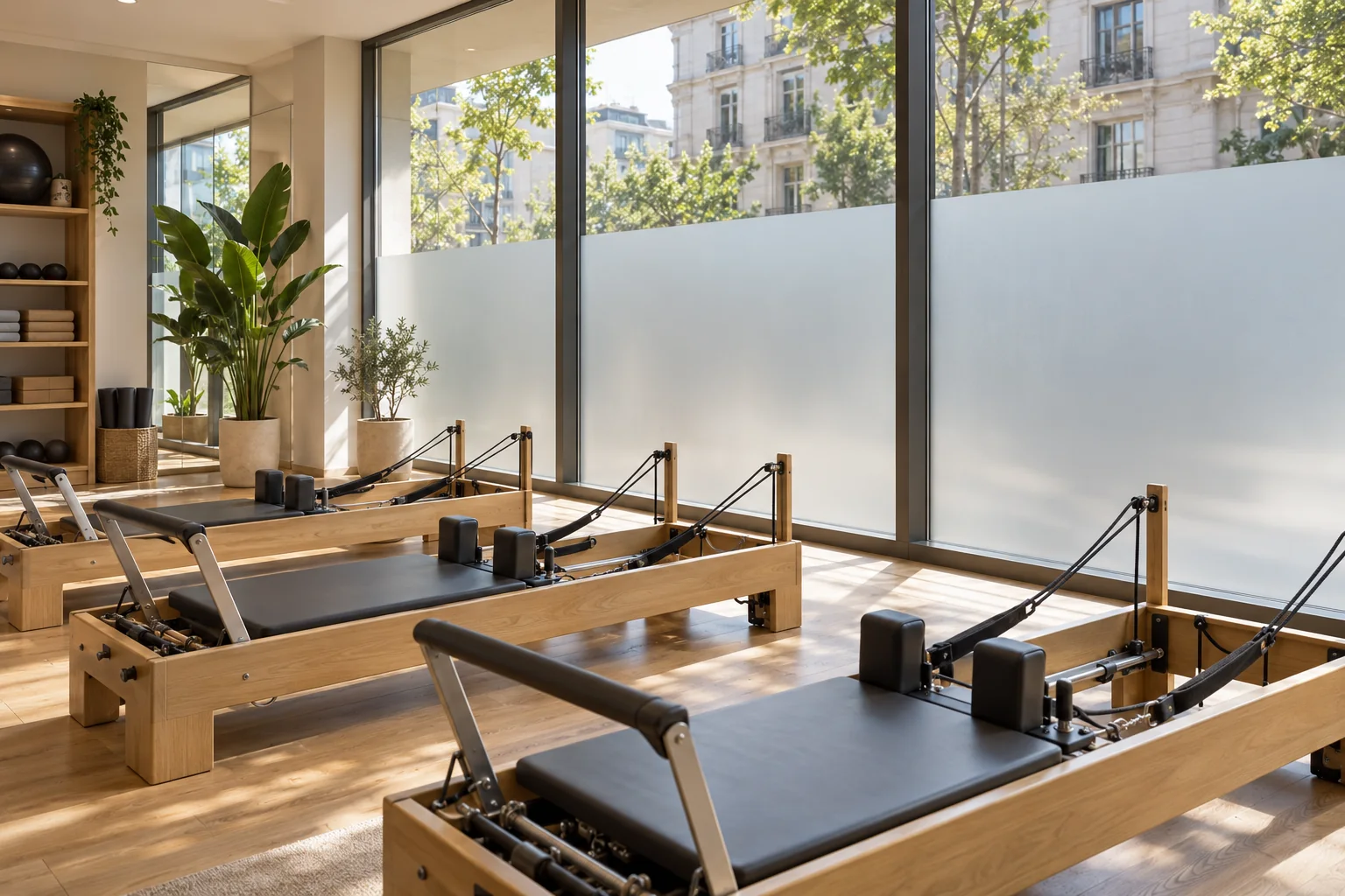 Alt bölümleri mat filmli geniş camlar önünde ahşap pilates reformer cihazları.